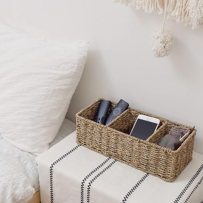 StorageWorks Wicker Toilet Basket Tank Topper, Seagrass Storage Baskets | Wicker Basket, Toilet Paper Storage for Back of Toilet Tank, Woven Baskets for Shelves, Wicker Baskets with 3 Compartments