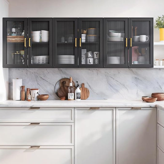 Furnaza Set of 3 Black Kitchen Wall Storage Cabinet with Adjustable Shelf | Upper LED Wall Cabinets with Acrylic Glass Doors for Bathroom,Garage,Laundry Room,72"W x 12"D x 22"H
