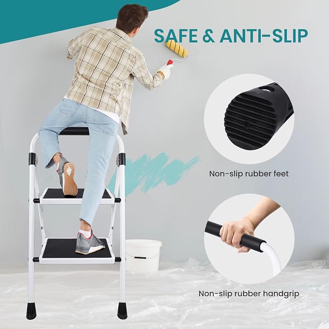 OLIXIS 2 Step Ladder, 330lbs Foldable Step Stool with Anti-Slip Pedal | Heavy Duty Portable Stepping Stool with Sturdy Steel Ladder & Comfortable Handrail, for Kitchen, Garage, Outdoor Use - Black