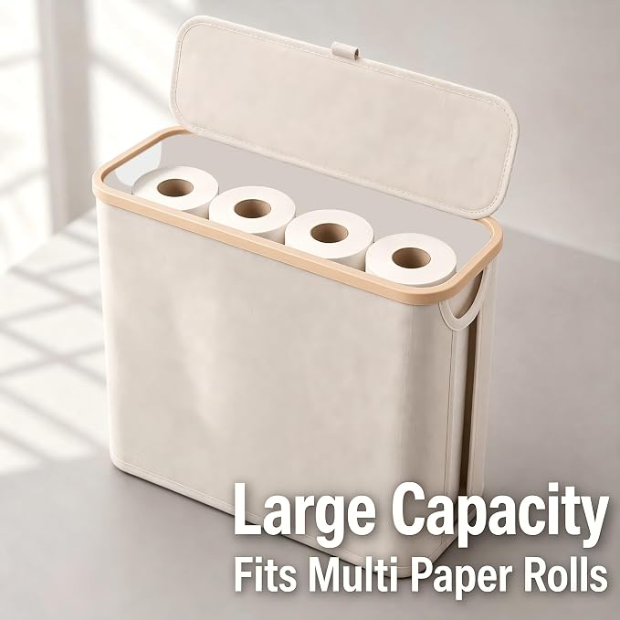 Oxford Fabric Toilet Paper Storage Basket with Lid, Free‑Standing Organizer Basket for Toilet Paper for RV Bathroom (Beige)
