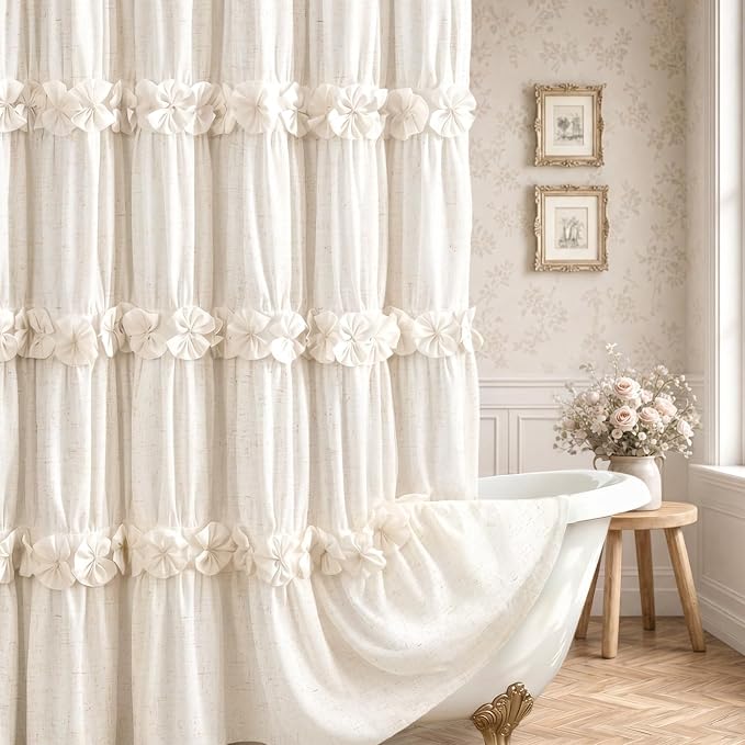 Boho Ruffle Farmhouse Fall Linen Shower Curtain Vintage Cream 72" W x 72" H | Fall Linen Blend Fabric, Ruffle Bow and Ruffled Hem，Linen Texture，Machine Washable，12 Metal Holes and Plastic Hooks