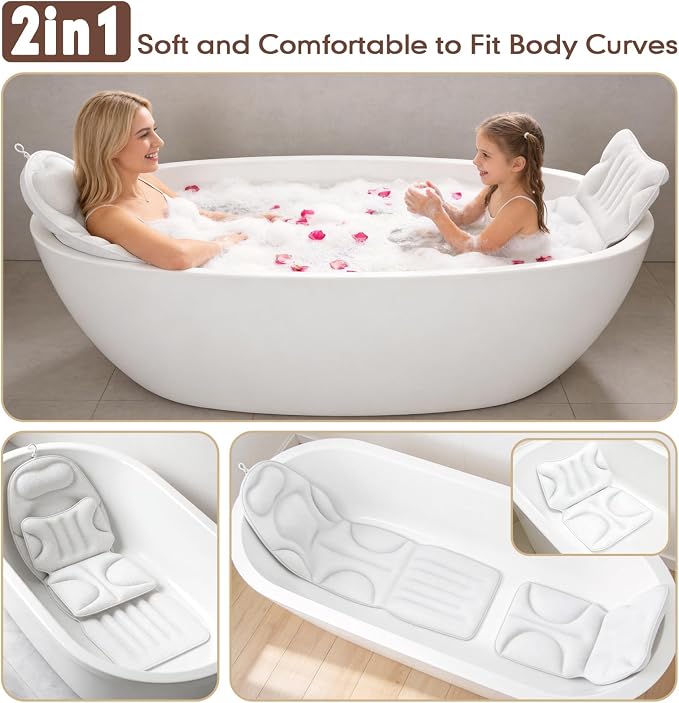 Deluxe Full Body Bath Pillow, 5D Bathtub Cushion - Stacking Cushions | Thickened Soft Relaxation Bathtub Pillow, Provides Support for The Neck, Back, and Shoulders— (Includes Bath Bombs)