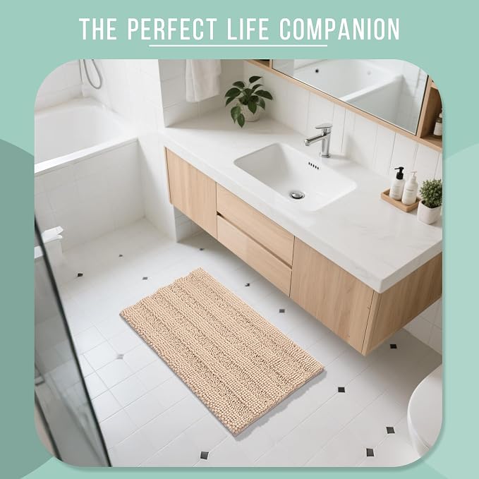 Yimobra Bathroom Rug Mat 32 x 20, Non Slip and Super Absorbent Bath Mat,Machine Washable Quick Dry,Ultra Plush Chenille Shower Rugs for Bathroom Floor Sink Tub and Shower Outside, Beige