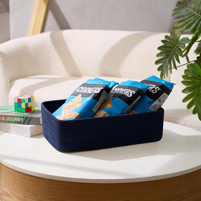 MiniArk Large Shallow Organizing Baskets 15x11x5.1 Inches - Rope Woven Storage Bins for Bathroom, Shelves, Cube Closet, Navy Blue 4 Packs