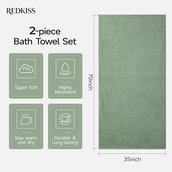 REDKISS 2 Pack Extra Large 35x70 Inch Cotton Bath Towels, Green | 100% thick cotton, ultra soft & absorbent, quick dry green towels for bathroom, gym, spa, pool, hotel