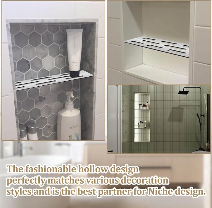 12 Inch Shower Niche Shelf Brushed 316 Stainless Steel Finish Tile Insert | Rectangular Shelf for 12 Inch Tile Prefabricated Niches, Fits 1/8 Inch Grout Lines, Shower Niche Insert Brushed 316 Stainless
