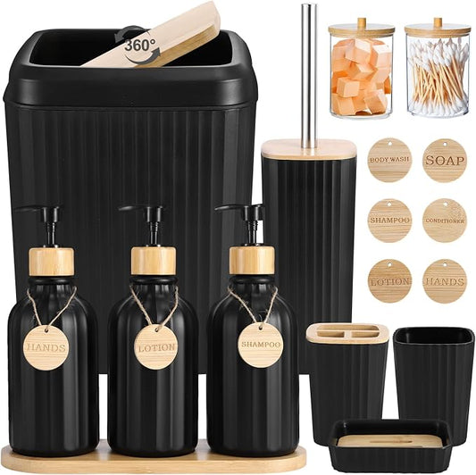 XLHOMO Black Bathroom Accessories Set 17PCS Bathroom Set with 3PCS Soap Dispenser Bathroom Accessory Set Black Trash Can for Bathroom Decor