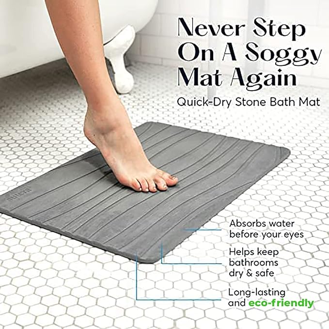 Stone Bath Mat for Bathroom, Dries in Seconds - Diatomaceous Earth, Gray | Super absorbent, quick-drying & easy to clean. Natural material that lasts — restores with light sanding.