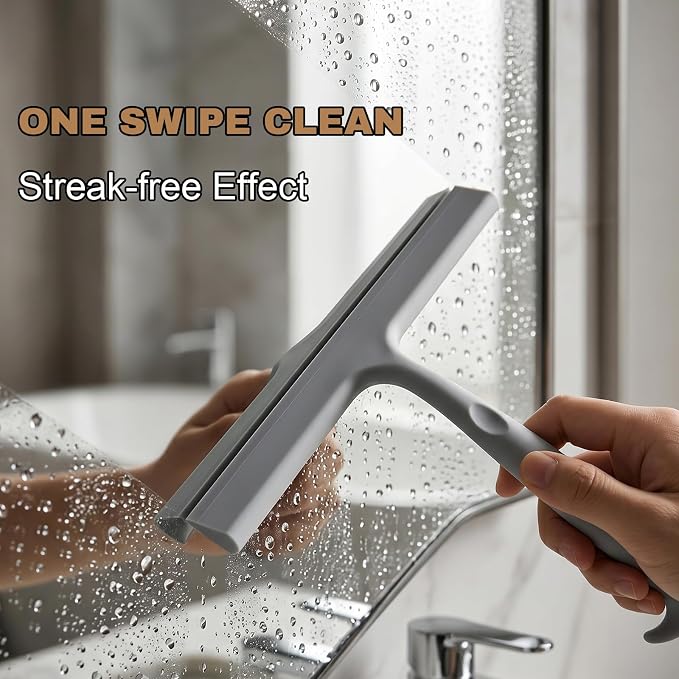 Shower Squeegee for Glass Doors, 10-Inch Silicone, Fishtail Type Hook, Grey | One-piece Silicone, Fishtail Hook, Non-slip Grip and Quiet Glide for Shower Glass, Tile, Mirrors, Windows and Car Glass
