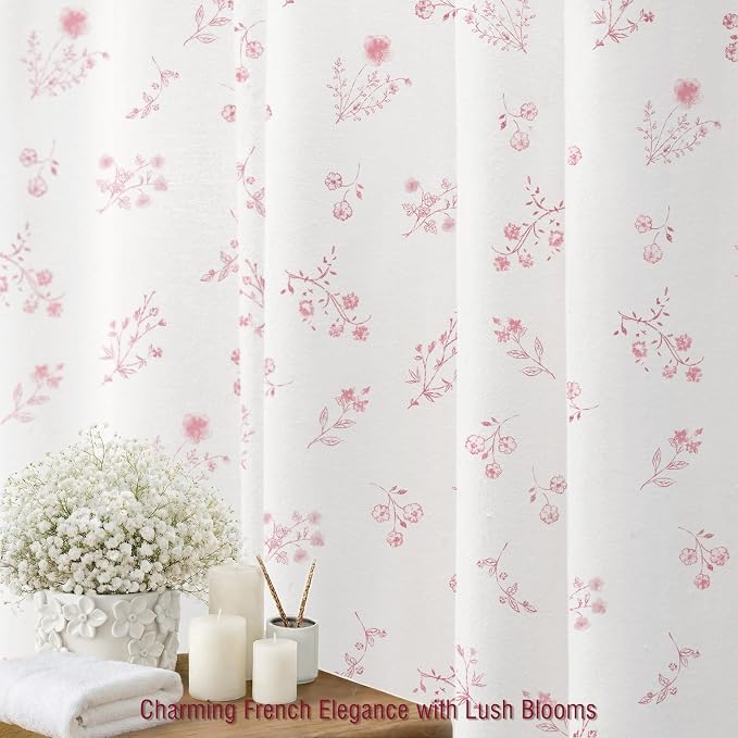 Pink Floral Farmhouse Vintage Cotton Shower Curtain, French Country Shower Curtains for Bathroom, 72Wx72H