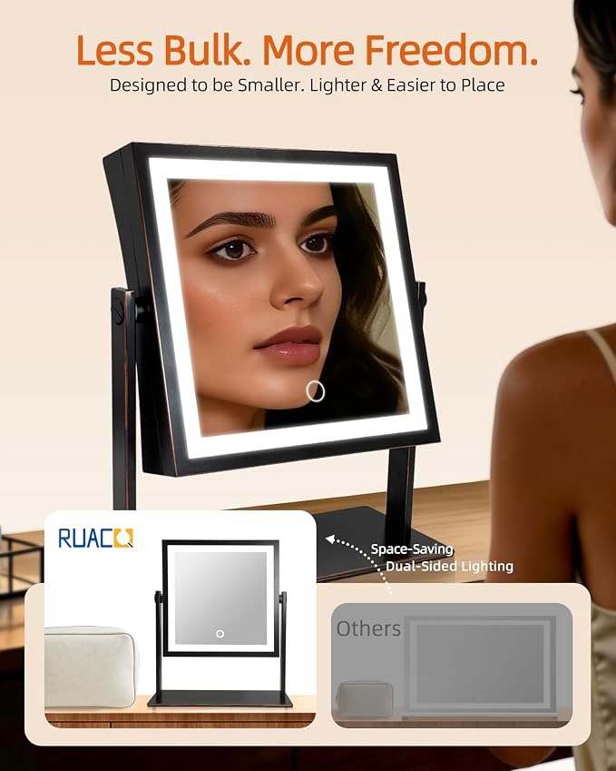 Ruacq Vanity Mirror with Lights, Dual Sided 1X/10X, Oil Rubbed Bronze | 8",4000mAh Rechargeable, Magnifying Mirror with 3 Color Lights,Touch Control Dimmable, 360° Rotation, Square, Gift for Women