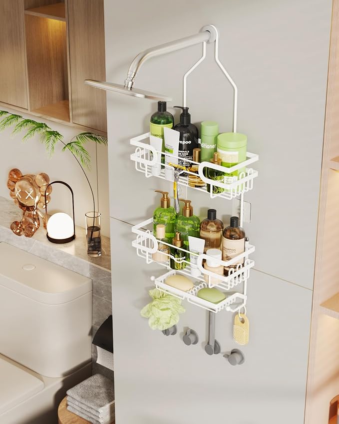 HapiRm Bathroom Hanging Shower Caddy - Rustproof Shower Shelf with 12 Hooks and 2 Soap Holders, No Drilling Bathroom Organizers and Storage - White