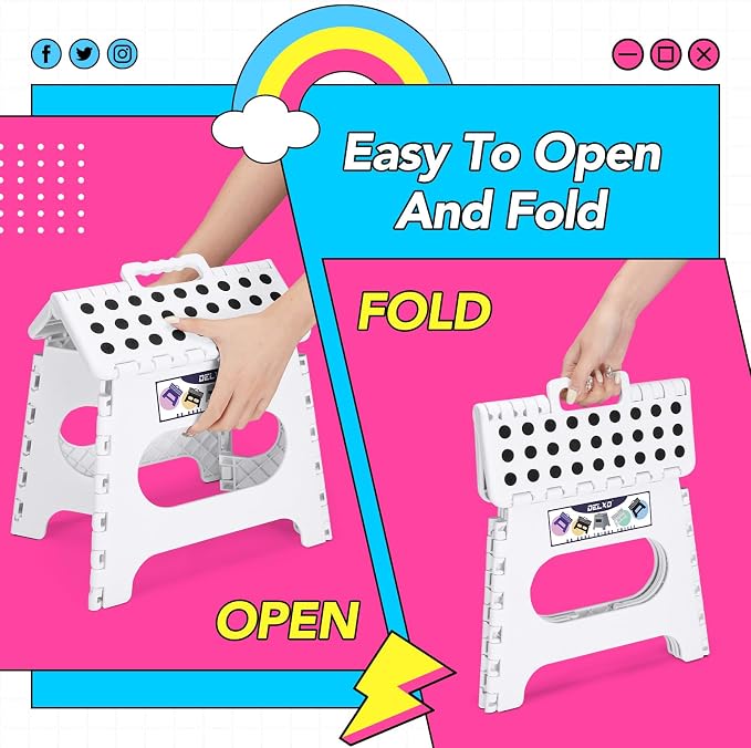 Delxo Folding Step Stool,11 Inch Non-Slip Foldable Step Stools for Kids and Adults,Portable Foldable Step Stool Lightweight Small Folding Stool with Handle for Kitchen Bathroom in White,1 Pack | Foldable Step Stool 11",Non-Slip Foot Stools with Handle,...