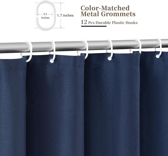 72x78 Boho Scalloped Linen Textured Cloth Shower Curtain, Navy Blue | Long Size, 230GSM Waterproof Polyester, Heavy Duty Fabric, 12 Plastic Hooks, Elegant Modern Farmhouse Style, Machine Washable