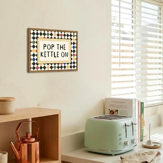 Pop The Kettle On Wall Art Vintage Colorful Kitchen Quote Sign Wall Decor Picture Retro Tea Lover Poster Canvas Painting Print for Kitchen Coffee Bar Dining Room 12x16 inch Wood Framed