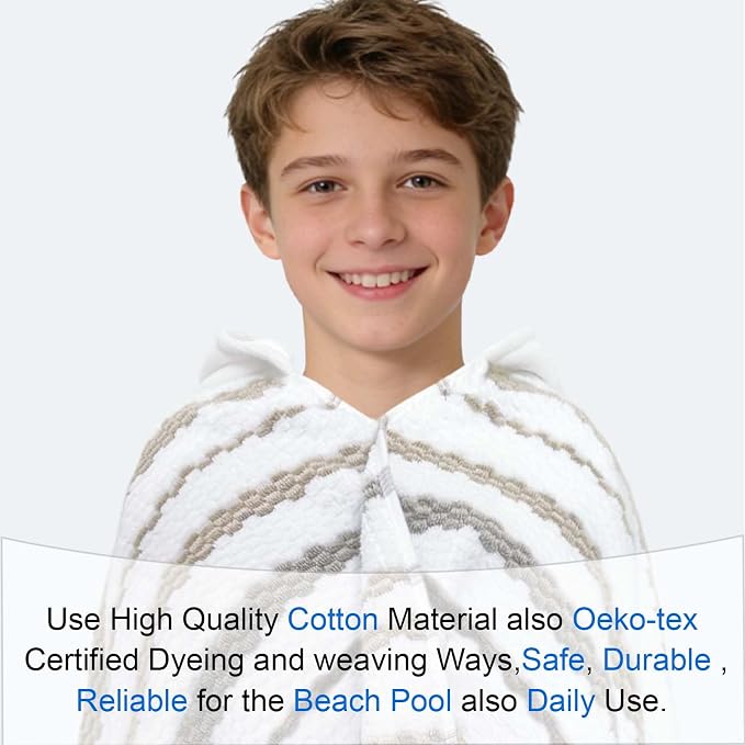 VOOVA & MOVAS Kids Hooded Bath Towel,6-12 Years,100% Cotton | 66X34 Inch,Brown Gray Stripe,Thick,Soft, Absorbent, Quick-Drying, Beach/Pool/Swim Essentials