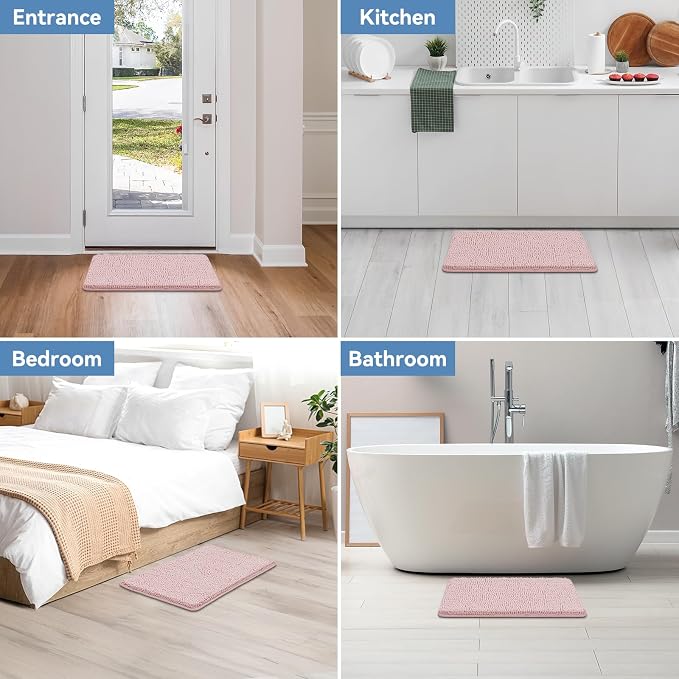 Bcoimo Small Bath Rug Mat,24x17 Chenille Non Slip Pink Bathroom Shower Mat | Extra Soft Bathroom Rugs;Non Slip with Rubber Backing Bath Mats;High Absorbent And Quick Dry Microfiber mat; Machine Washable