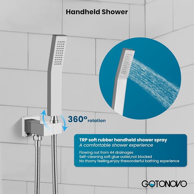gotonovo Shower Faucet Set with Handheld Spray Polished Chrome,10'' Head | SUS304 Rainfall Shower Head and Handle Set System Fixture,Pressure Balance Valve Trim Kit,Single Handle,Wall Mount,All Metal