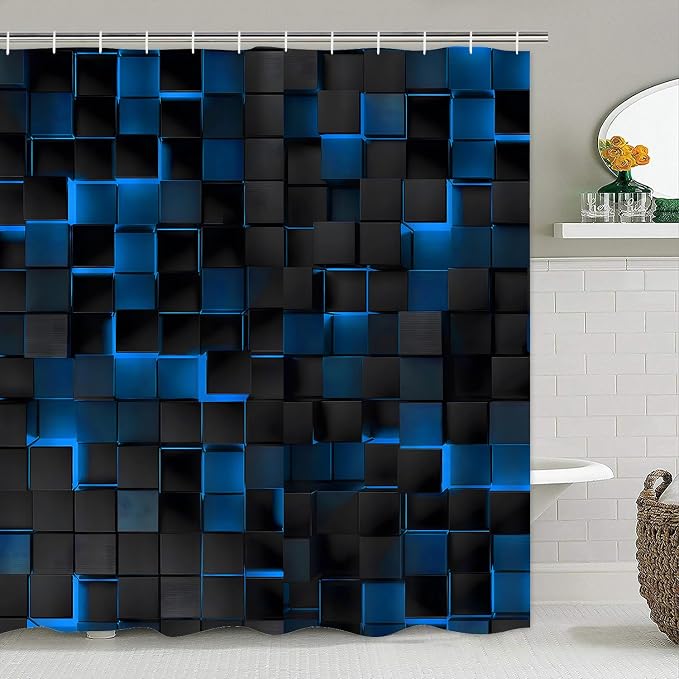 LQCOOL 4Pcs Shower Curtain Set with Rugs, Modern Bathroom Set Black Blue | Waterproof Polyester & Soft Flannel.12 Hooks,Toilet Lid Cover & U-Shaped Mat for Modern Bathrooms/Families