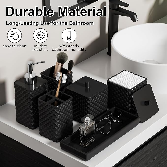 Bathroom Accessories Set Resin 6PCS, Square Toothbrush Holders Set Complete with Soap Dispenser, Vanity Tray, Tumbler, Cups and Cotton Swab Jars (Black Diamond, Resin Bath 6 PCS)