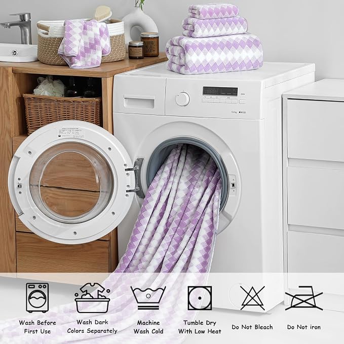 12 Pcs Light Purple Diamond Towel Set-4 Bath Towels,4 Hand Towels,4 Washcloths Soft Polyester Bath Towel with Loop Absorbent Shower Towel Quick Dry Family Towels for Bathroom Spa Gym