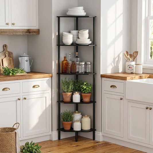 5-Tier Black Corner Shelf, Bamboo Corner Bookshelf, Indoor Plant Shelf, Kitchen Free Standing Shelf Storage Organizer, Tall Narrow Bookcase for Small Spaces, Bedroom, Living Room, Office