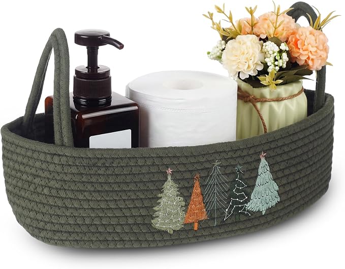 Vesici Christmas Tree Toilet Basket Green Cotton Rope Storage with Handle | Woven Organizer for Bathroom Countertop, Holds Toilet Paper on Tank Top, Christmas Tree Embroidery, Bedroom Nursery, 13x6x4