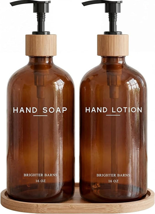 Amber Glass Soap and Lotion Dispenser Set with Tray by Brighter Barns - Hand Soap Dispenser Bathroom Set - Glass Bottles with Pump - Bamboo Home Accessories & Modern Bathroom Decor for Airbnb (Amber)