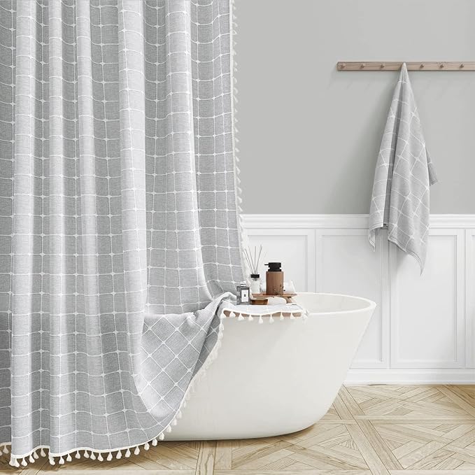 48x72 Boho Farmhouse Linen Heavy Duty Shower Curtain Set, Gray/Grey | Stall Size, 330GSM Linen Blend, 3-side Tassels, Water Repellent Fabric, 8 Plastic Hooks, Rustic Bohemian, Machine Washable