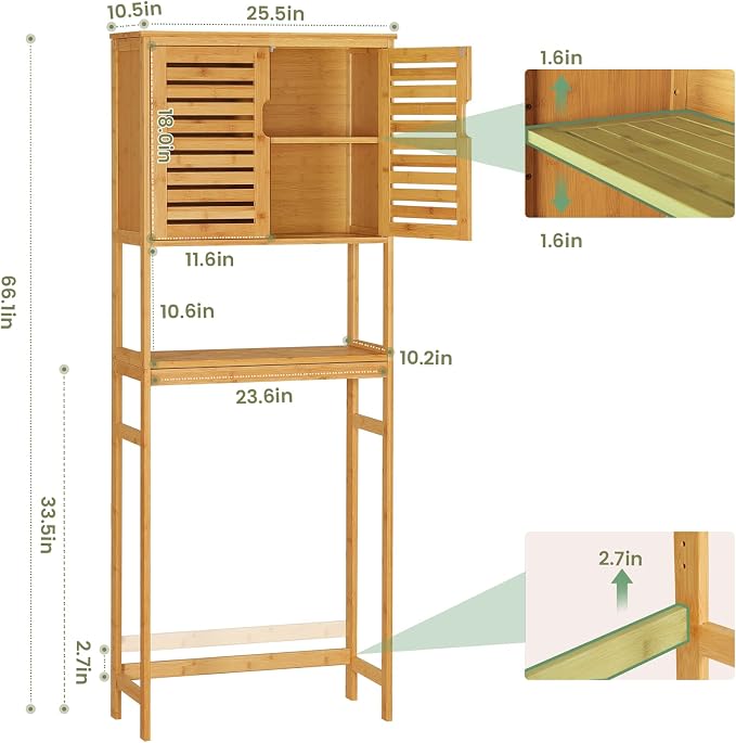 Over The Toilet Storage Cabinet, Tall Bathroom Cabinet Organizer with Cupboard and Adjustable Shelves, Freestanding Toilet Shelf Space Saver Rack Stand for Laundry Room, Balcony, Bamboo