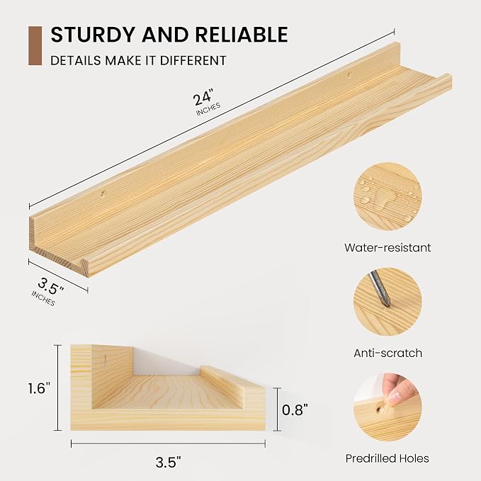 Picture Ledge Shelf, Solid Pine Wood Floating Shelves Set of 2, 24 Inches Nursery Book Shelves for Toys Storage, Kids Bookshelf Wall Mounted for Living Room Decor Photo Frames, Unfinished Natural