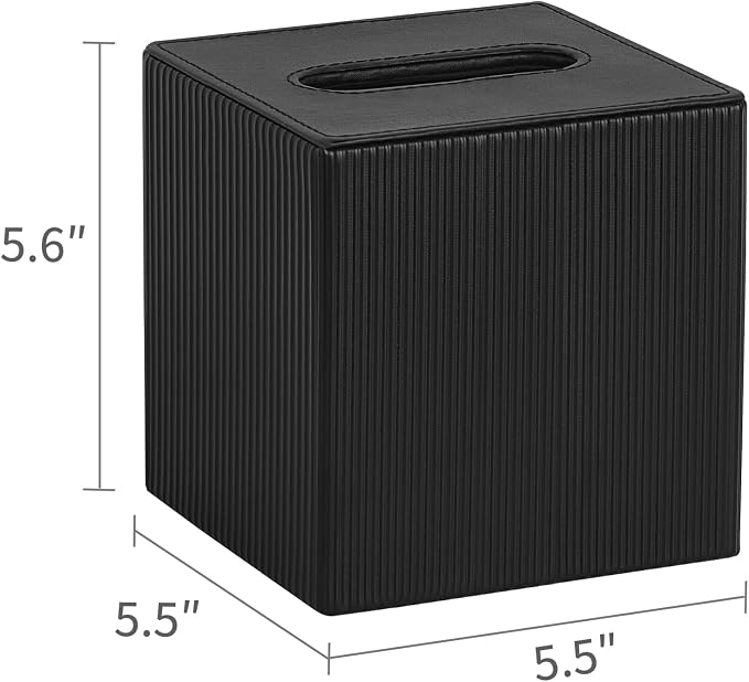 Mkono Tissue Box Cover, PU Leather Square Holder with Bottom, Black | Decorative Facial Cube Organizer, Vanity Dresser Countertop Tabletop, Bathroom Bedroom Office Nightstand, Home Decor Accent