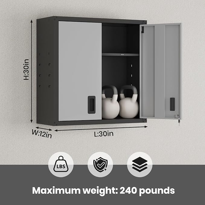 30 Inch Metal Wall Cabinet, Metal Wall Cabinet for Garage, 2pcs,Grey | Wall Mount Cabinet with Lock and Adjustable Shelf, Lockable Storage Cabinet for Home Office,Garage,Gym,School