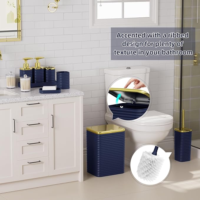 Bathroom Set - 10PC Bathroom Accessory Set, Navy Blue Bathroom Set, Luxury Bathroom Accessories Set, Trash Can, Toilet Brush, Soap Dish, Qtip Holder & Soap Dispenser
