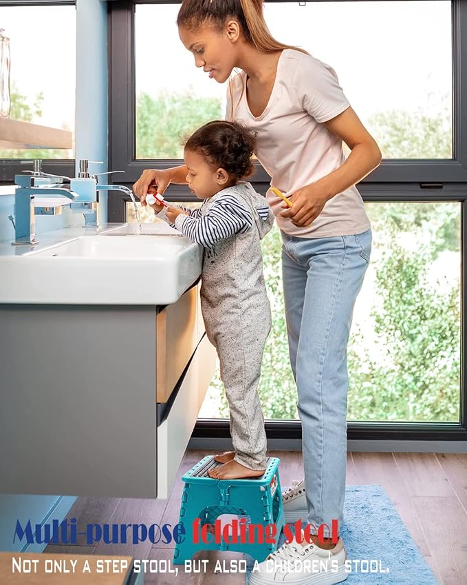 Folding Step Stool 9 Inch, Non-Slip Surface Stool for Kids, Dot Blue | Heavy Duty Foldable Stools, Lightweight, Holds 300 lb, for Toddler Kitchen Bathroom Bedroom Outdoor, Collapsible with Handle