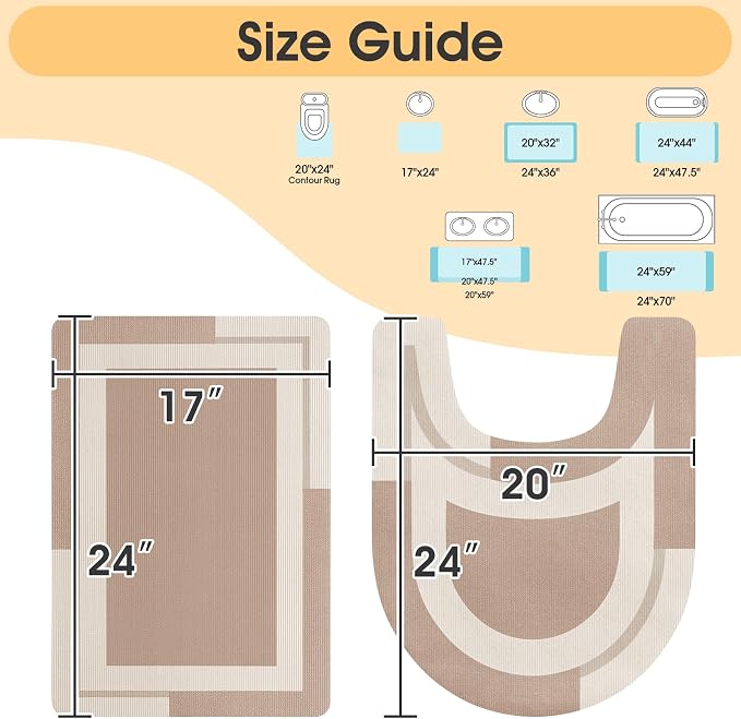 Non Slip Bath Mat, Thin Bathroom Rugs Fit Under Door, Quick Dry Bath Mats, Machine Washable Bath Rugs for Bathroom, Bathtub & Kitchen, Light Brown/Bordered/24 x17+ 24"x20" Contour Rug