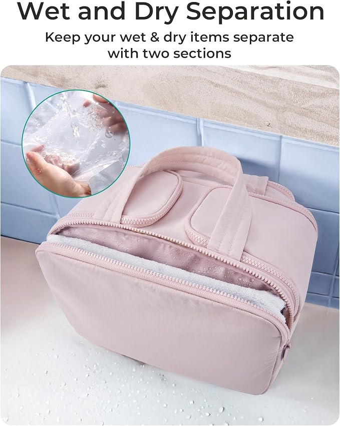 BAGSMART Travel Toiletry Bag, Crush Toiletry Bag for Women, Wide-open Puffy Toiletry Bags for Traveling, Large Travel Cosmetic Makeup Bag Organizer for Accessories,Toiletrie, Pink