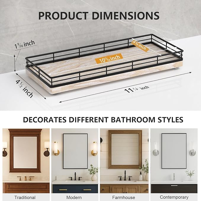 Bathroom Tray for Counter Top Organizer, Ash Wood Vanity Tray | Metal Frame for Dresser, Kitchen & Nightstand, Black & Whitewashed Decorative Storage