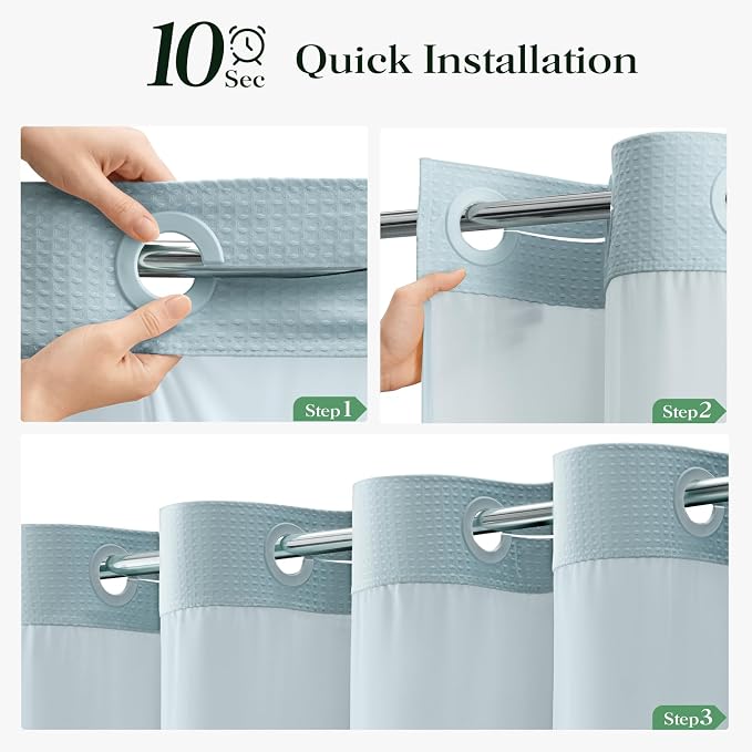 Fog Blue Hook Free Waffle Shower Curtain & Snap-in Liner,72x75 | Less Time to install, 3 in 1 Fabric Shower Curtain and Liner Set with Magnets, Mesh Top Window, Shower Curtains for Bathroom