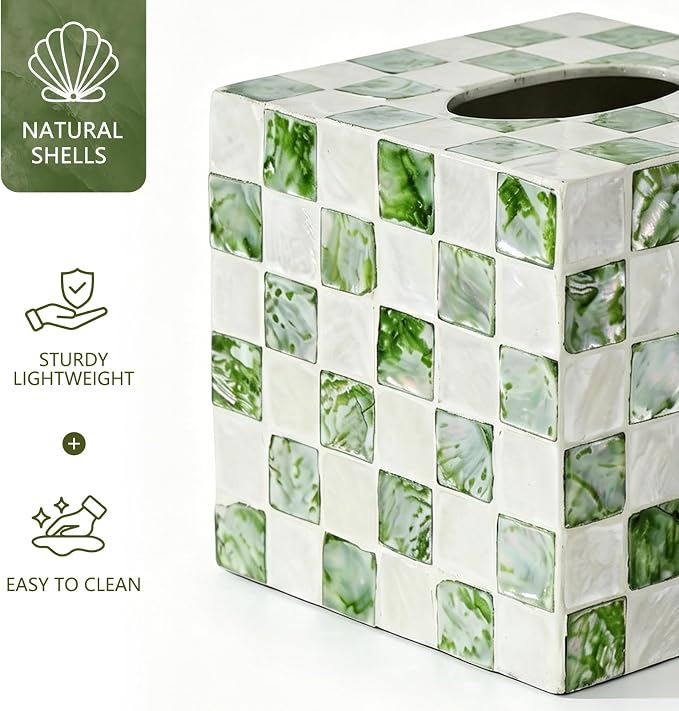 Coeusy Capiz Tissue Box Cover, Square Decorative Tissue Holder with Bottom Slider, Handmade Checkered Cube Tissue Box Cover for Bathroom Vanity,Office or Bedroom,Green