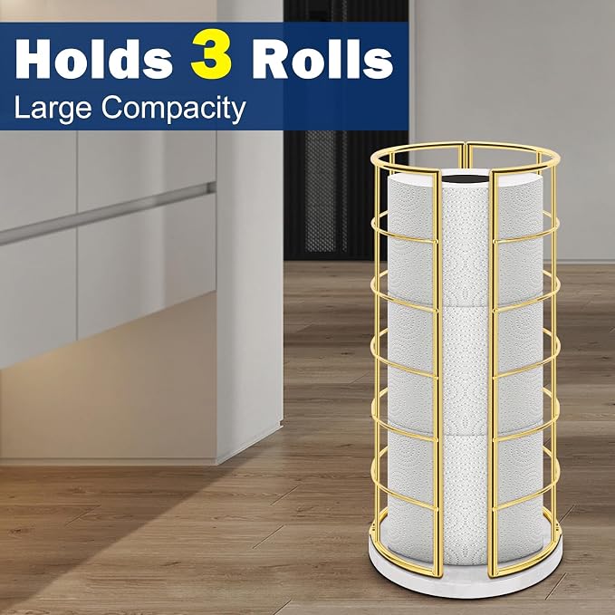 NearMoon Toilet Paper Organizer Stand, Free Standing 3 Rolls Tissue Storage, Metal Bathroom Accessory, Rustproof Toilet Roll Holder for Kitchen Countertop Inside Cabinet Shelf(Marble Base,Gold)