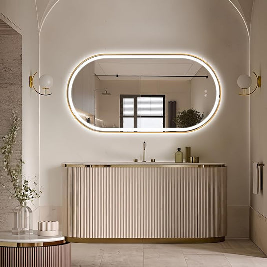 Oval LED Bathroom Mirror, Backlit + Front Lit Vanity Mirror Gold Frame | 3 Color Dimmable, Anti-Fog, 55"x28", Memory Function, Shatter-Proof, HD Glass, Pill-Shaped Mirror, Vertical or Horizontal