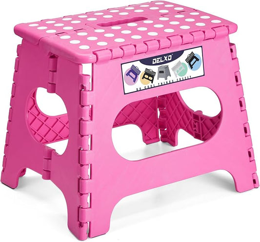 Delxo Folding Step Stool 11 Inch,300 Lbs Step Stool for Kids & Adults Pink | Foldable Step Stool 11",Non-Slip Foot Stools with Handle,Lightweight Collapsible stools for Kitchen,Bathroom,Bedroom,Garden