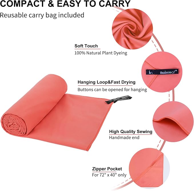 Rainleaf Microfiber Towel Quick Dry Camping & Travel & Gym Towel. Compact | Super Absorbent, Lightweight, Fast Drying. Suitable for Beach, Bath, Backpacking, Hiking, Swim.
