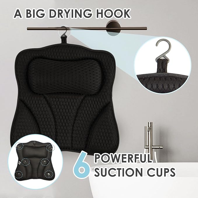 Bath Pillows for Tub Head Neck Back Support, Bathtub Pillow 4D Breathable Air Mesh, Spa Relaxing Gifts for Women, Luxury Bathing Accessories with 6 Suction Cups and Hook(Black)