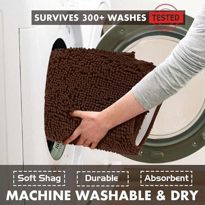 LuxUrux Bath Mat-Extra-Soft Plush Bath Shower Bathroom Rug,1'' Chenille Microfiber Material, Super Absorbent Shaggy Bath Rug. Machine Wash & Dry (20 x 20, Brown)