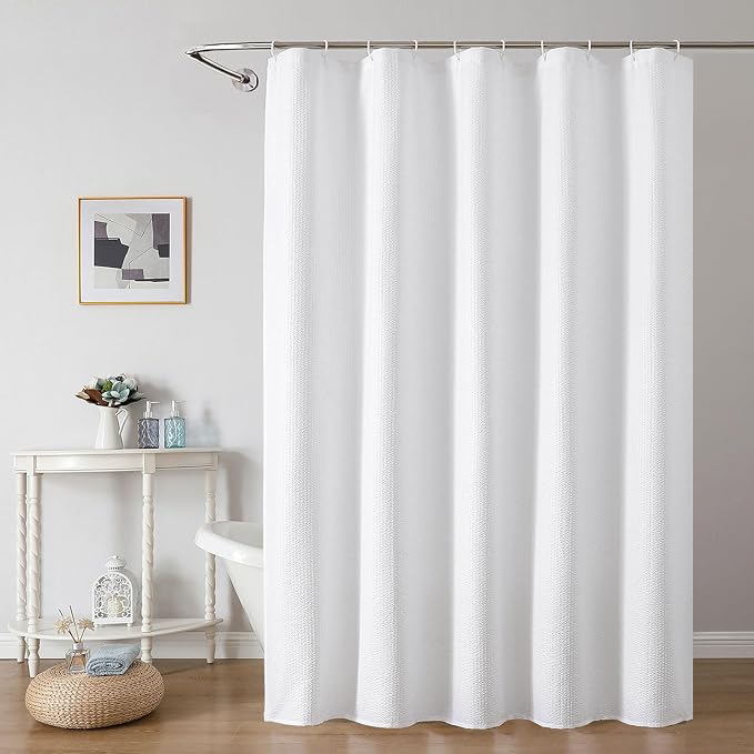 White Shower Curtain for Bathroom 72 Inches Long, 3D Embossed Textured Fabric Farmhouse Shower Curtain Soft Cloth, Water Repellent, Machine Washable, Hotel Style, 60" W x 72" L, White