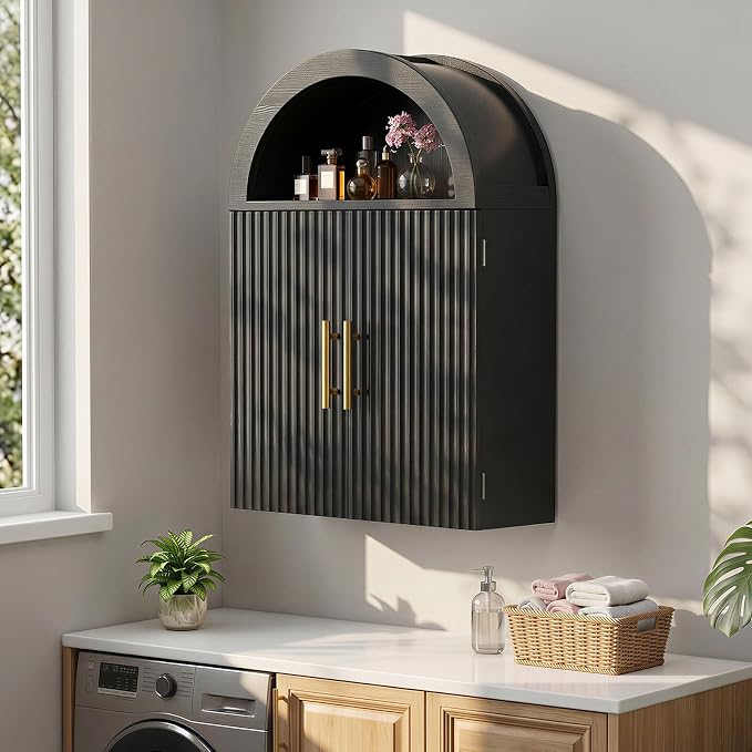 Kalrin Arched Wall Cabinet, Large Wood Bathroom Cabinet Wall Mounted Cupboard, Modern Floating Storage Cabinet with Door Adjustable Shelf, Wood Organizer Black