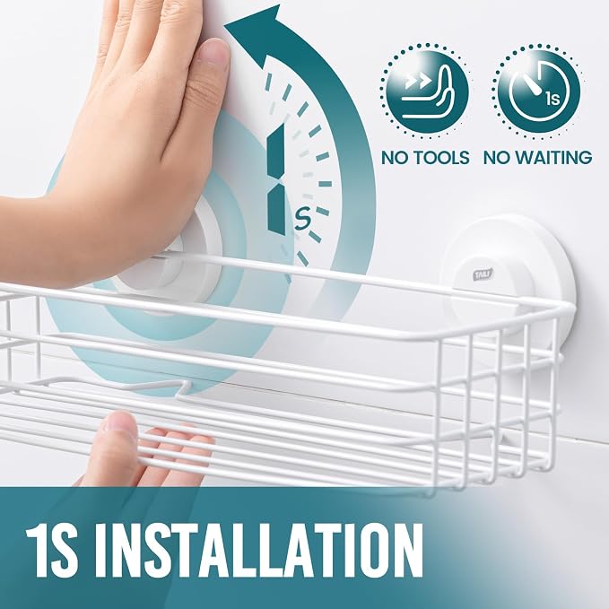 TAILI Shower Caddy Suction Cup 2 Pack with Hooks & Soap Holder, White | Heavy Duty Shower Organizer, No Drilling Bathroom Organizer, Metal Shower Storage, Removable Shower Holder