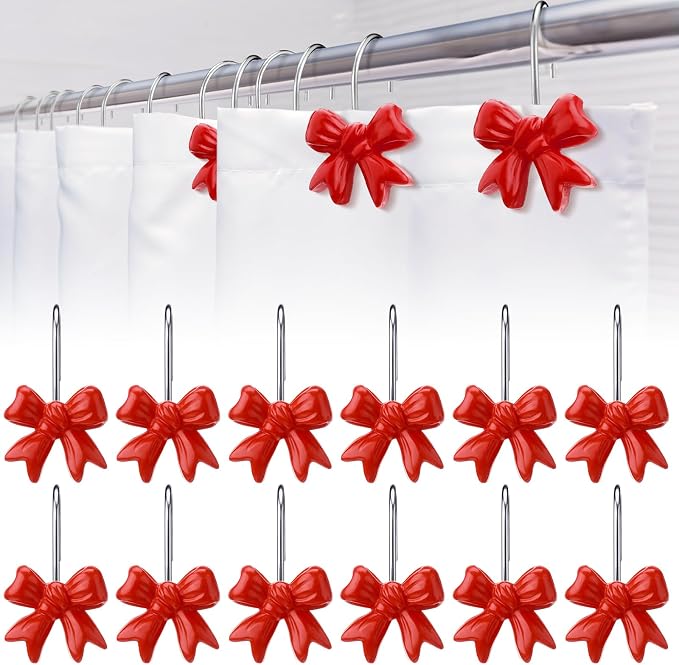 Yaocom 12 Pcs Red Bow Shower Curtain Hooks Rustproof Metal Rings | Decorative Bow Knot Style for Bathroom Bedroom Decor, Smooth Glide on Rod, Bulk Set for Curtain Replacement, Rustproof Finish